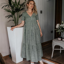 Load image into Gallery viewer, Organic Cotton Tiered Midi Dress Sage - Onesta UK - #ethical_Clothes#
